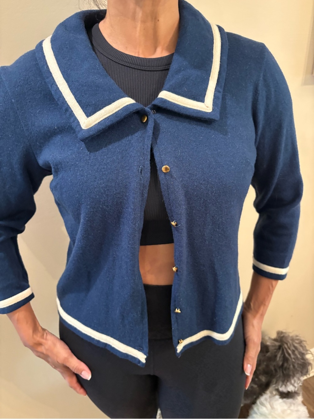 Jantzen Vintage Navy Blue Cropped Knit Jacket with Cream Trim